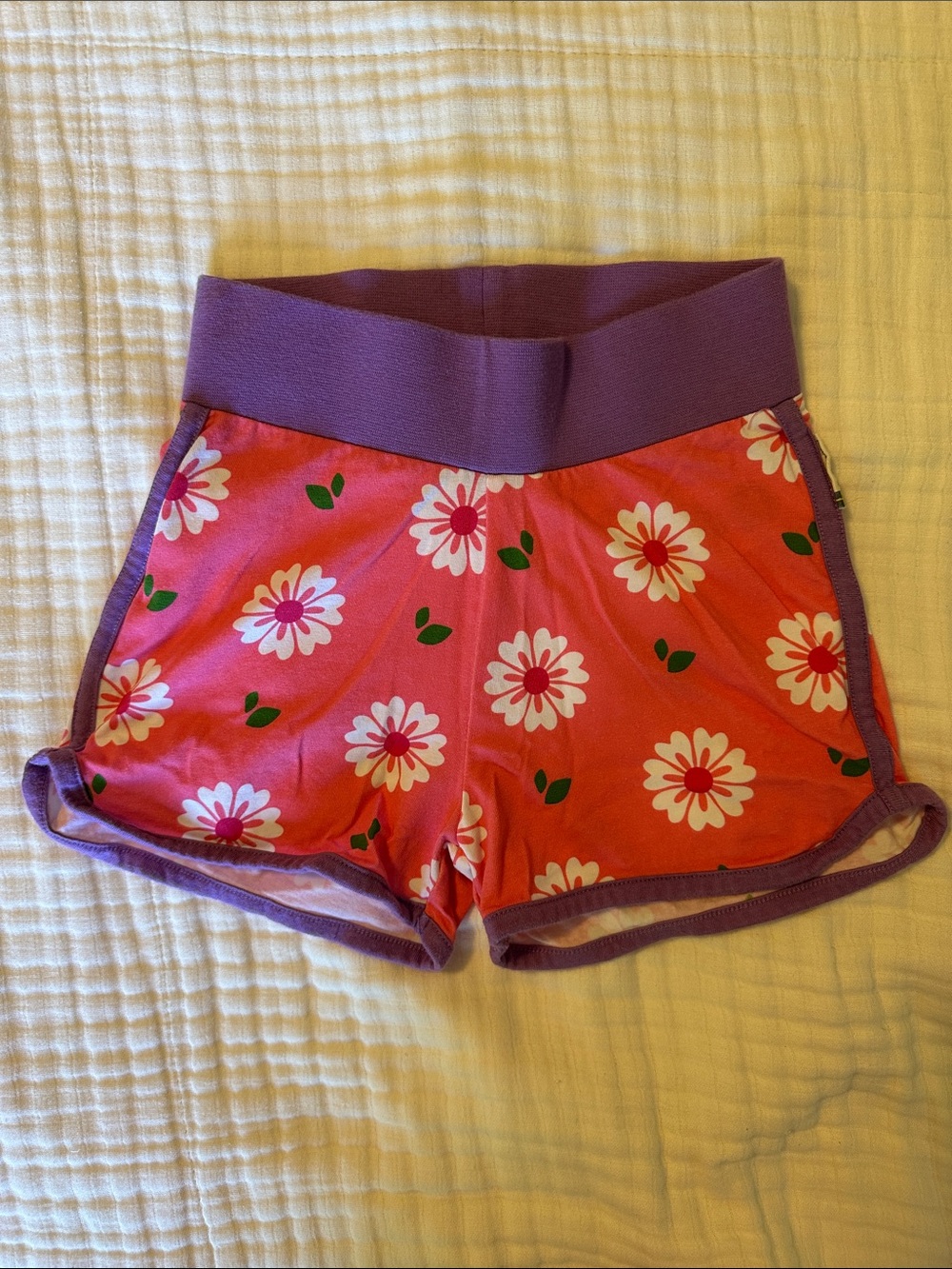 Maxomorra Sweden organic cotton Pink Daisy Print Stretch Shorts with Purple